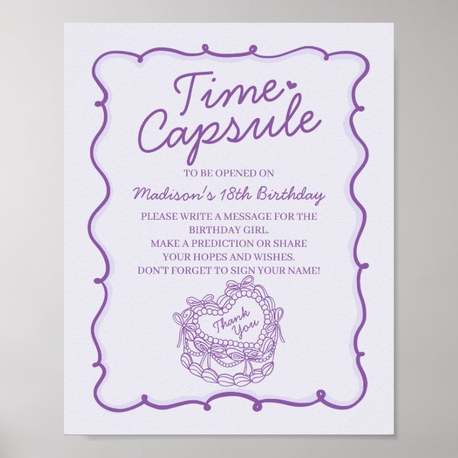 Lila Heart Coquette Cake Birthday Time Capsule Poster (Framsidan)