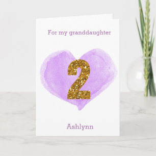 Lila Heart Guld Glitter 2:a födelsedagen Kort