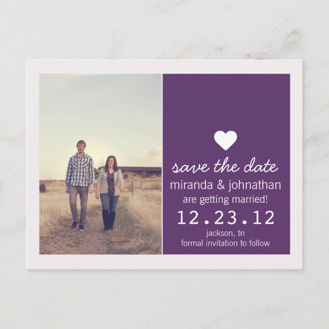 Lila Heart Photo Save Date Post Card Meddelande Vykort (Framsida)