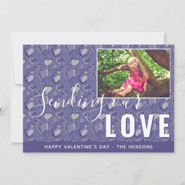 Lila Heart Valentine's Day Script Family Photo Julkort (Framsida)