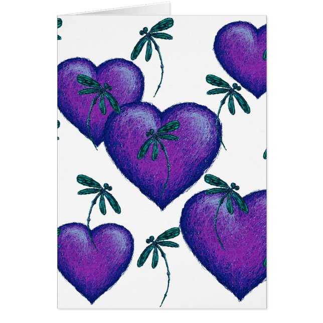 Lila Hearts and Dragonflies Hälsningskort (Framsidan)