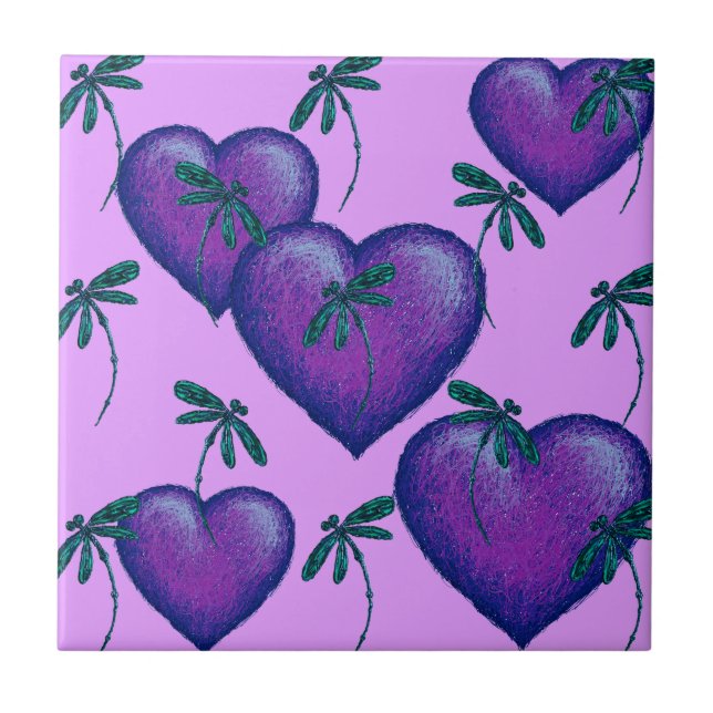 Lila Hearts and Dragonflies Kakelplatta (Framsidan)