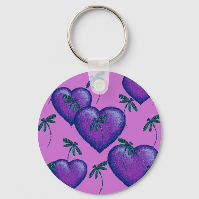 Lila Hearts and Dragonflies Nyckelring (Framsida)
