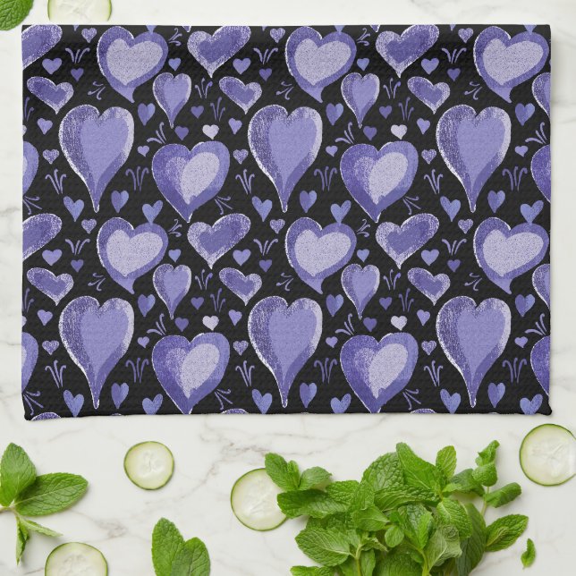 Lila Hearts Artistic Teckning Valentine's Day Kökshandduk (Vikta)