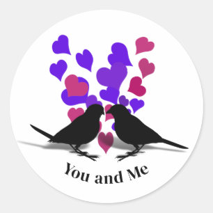 Lila Hearts Love birds Valentine Runt Klistermärke