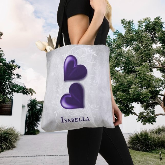 Lila Hearts Personlig Tote Bag Tygkasse (Purple Hearts Personalized Tote Bag)