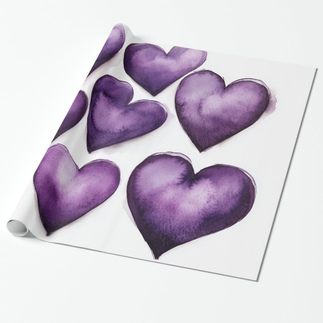 Lila Hearts Watercolor Digital Art Presentpapper (Utrullad)