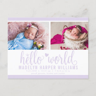 Lila Hello World Foto Födelse Statistik Meddelande Vykort