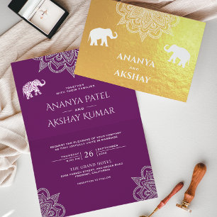 Lila Henna Elephant Indian Bröllop Guld Folierat Kort