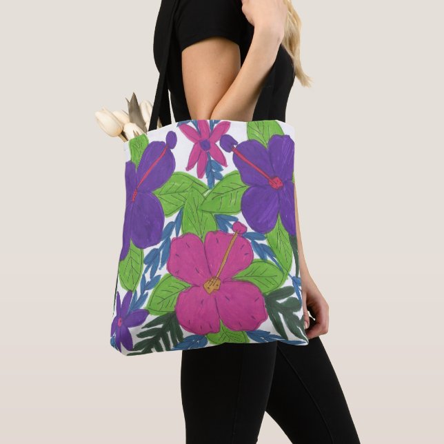 Lila Hibiscus Bouquet Tote Bag Tygkasse (Närbild)