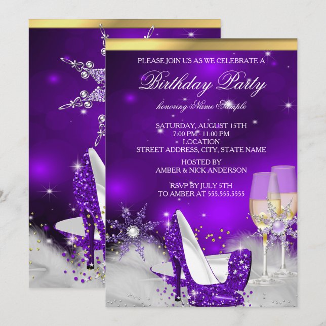 Lila High Heel Shoes Silver Guld Champagne Party Inbjudningar (Fram/baksida)