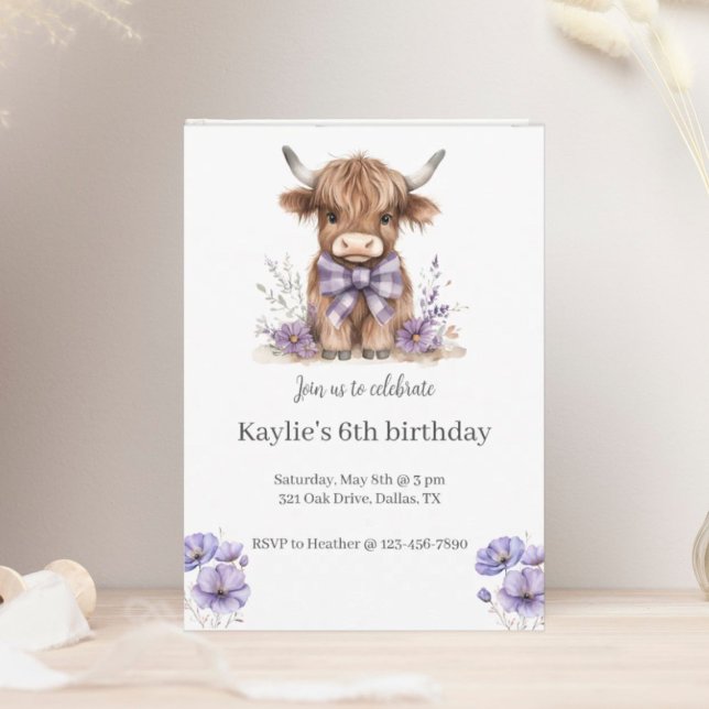 Lila Highland Cow Födelsedagsfest inbjudan (Skapare uppladdad)