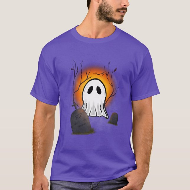 Lila Himlar Orange Måne Ghost i kyrkogård T Shirt (Framsida)