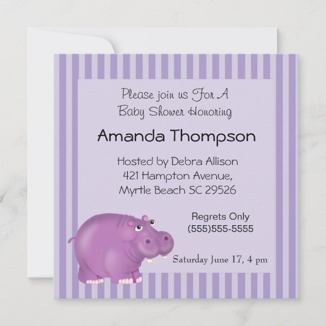 Lila Hippo Baby Shower-inbjudningar Inbjudningar (Framsida)