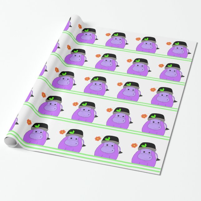 Lila Hippo Birthday Design Presentpapper (Utrullad)