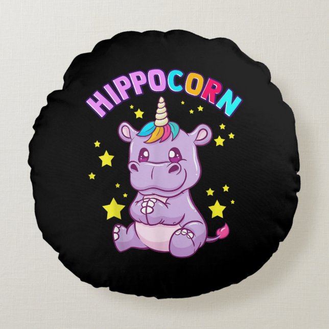 Lila HippoCorn Hippo Maj Hippopotamus Älskare Rund Kudde (Framsidan)