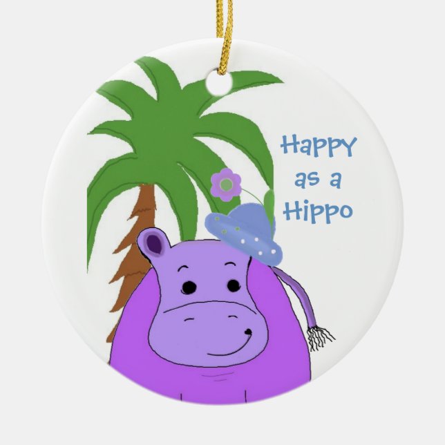 Lila Hippopotamus med Handflatan Träd Julgransprydnad Keramik (Framsidan)