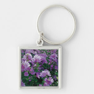 Lila hisbiscus blommor fyrkantig silverfärgad nyckelring