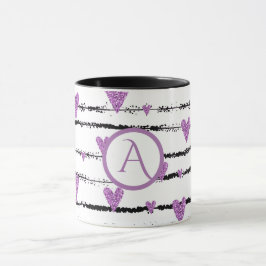 Lila hjärtan vit svart rand monogram mugg