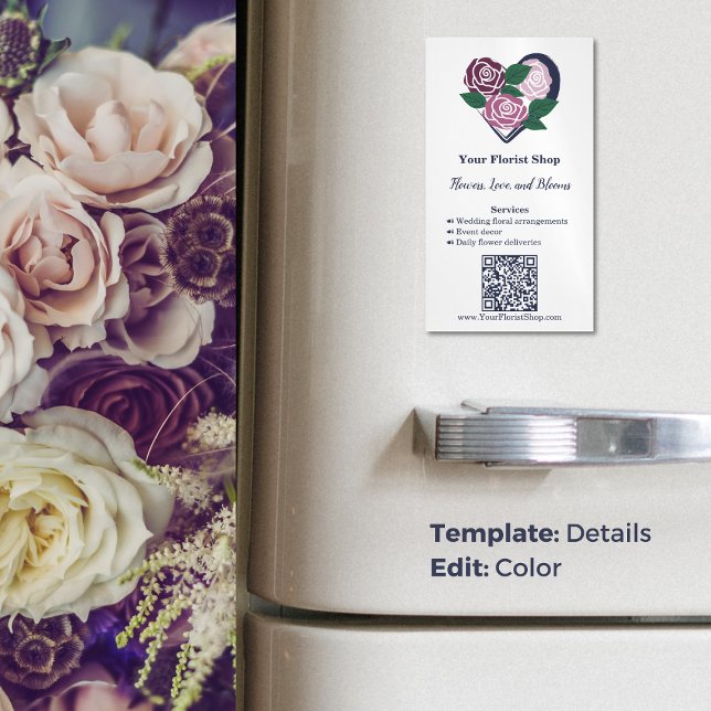 🌷 Lila Hjärtat Blooms Florist Affärskort Magnet (🌷Purple Heart Blooms Florist Business Card Magnet, Florist Shop, Tagline, Services, QR code, www)