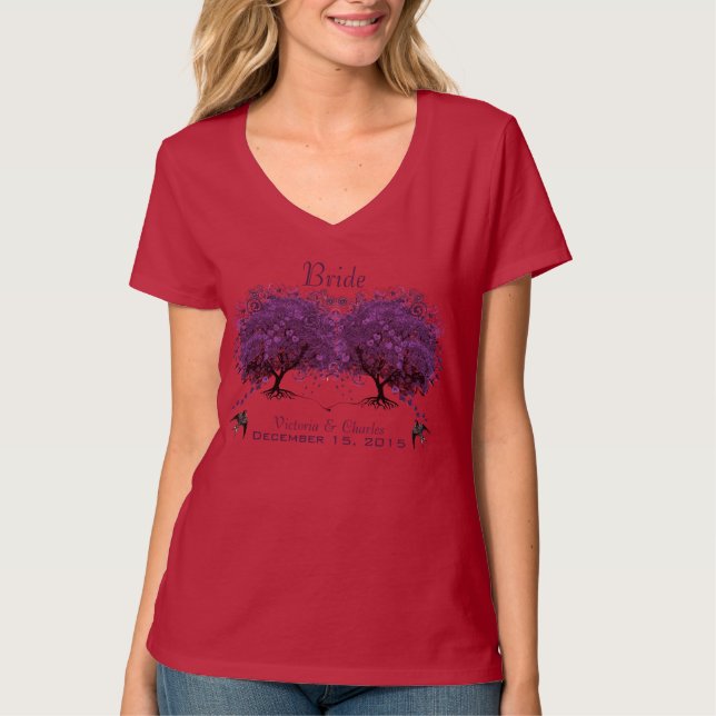Lila hjärtbladsträd bröllopsklänningar t shirt (Framsida)