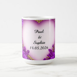 Lila hjärtram med glitter och blommor kaffemugg