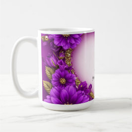 Lila hjärtram med glitter och blommor kaffemugg