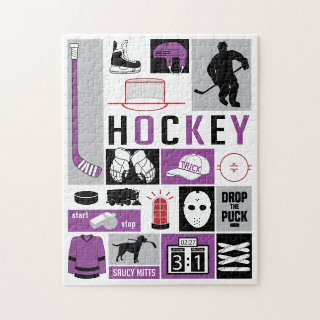 Lila Hockey Inslag Stick Puck Player Pussel (Vertikal)