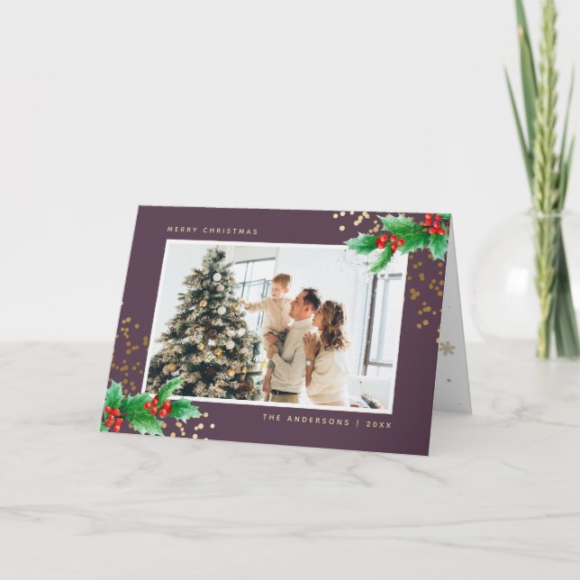 Lila Holly Berries Photo God jul Card Helgkort (Framsida)