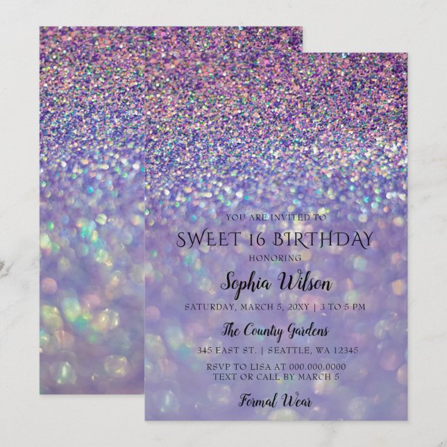 Lila Hologram Glitter Sweet 16 födelsedag Inbjudningar (Fram/baksida)