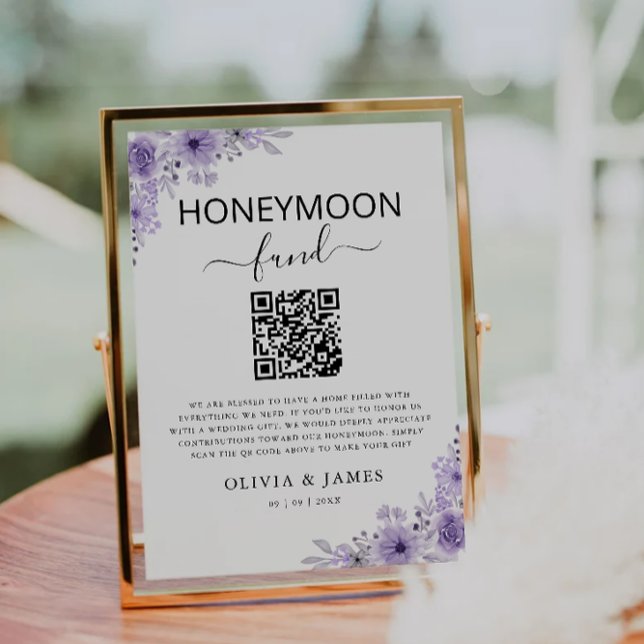 Lila Honeymoon Fund QR Code Sign, Bröllop Inbjudningar (Purple Honeymoon Fund QR Code Sign, Wedding Invitation)