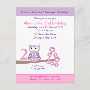 Lila Hoot Uggla Girl Birthday Inbjudan 4,25 x 5,5