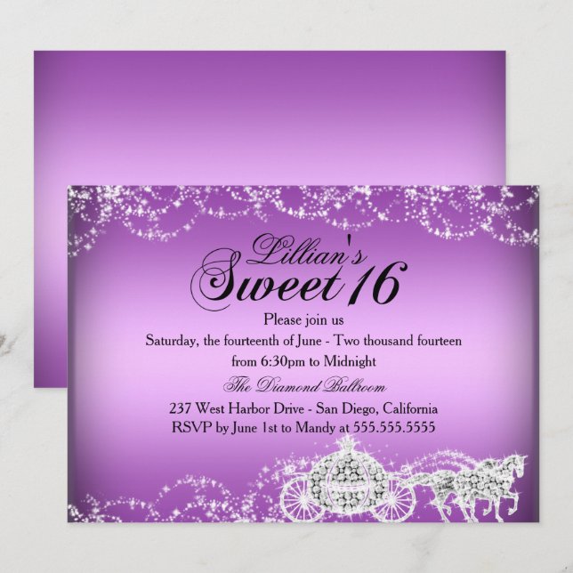 Lila Horse Carriage Princess Sweet 16 Inbjudan (Fram/baksida)