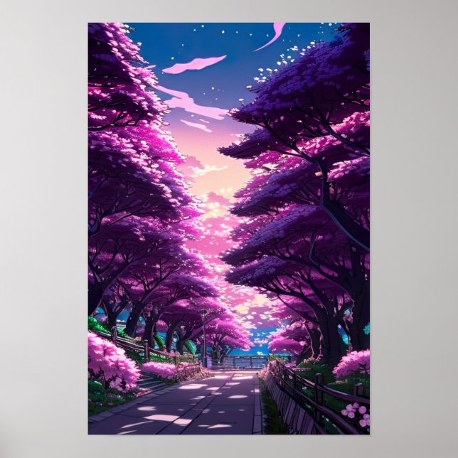 Lila Hues of Cherry Blommar Alley at Sunset Poster (Framsidan)