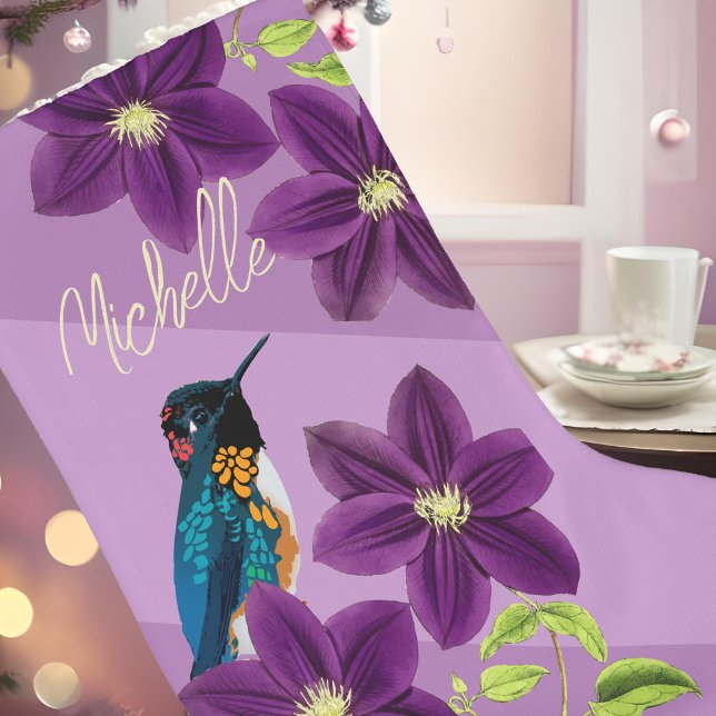 Lila Hummingbird Clematis Flower Söt Helgdag Stor Julstrumpa (Personalized purple Christmas stocking Hummingbird drawing & Clematis flower aesthetic holiday decor)