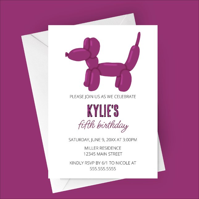 Lila Hund Balloon Animal Födelsedagsfest Inbjudningar (Purple Dog Balloon Animal Birthday Party Invitation)