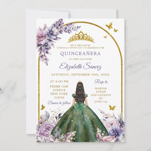 Lila Hunter-Grönten Quinceañera Inbjudningar (Framsida)