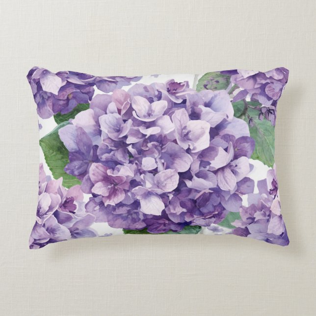 Lila Hydrangea Akvarell Blommig Lavendel Blomning  Prydnadskudde (Framsidan)