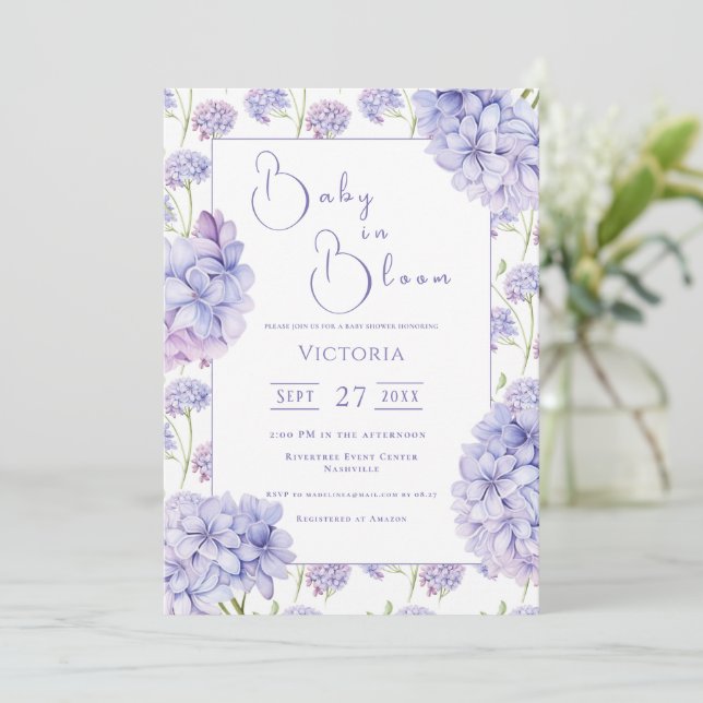 Lila Hydrangea Baby i Bloom Baby Shower Inbjudningar (Stående Fram)