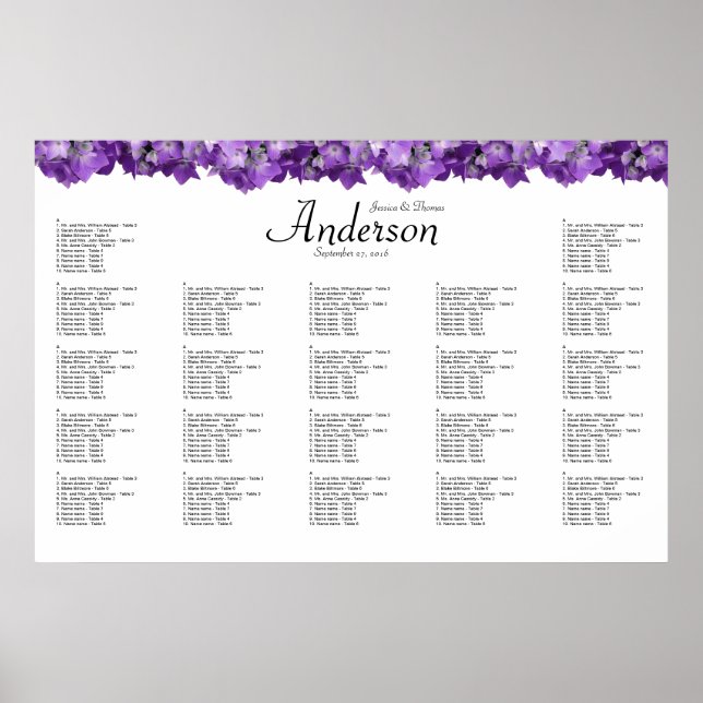 Lila Hydrangea Wedding Reception Sittschema Poster (Framsidan)
