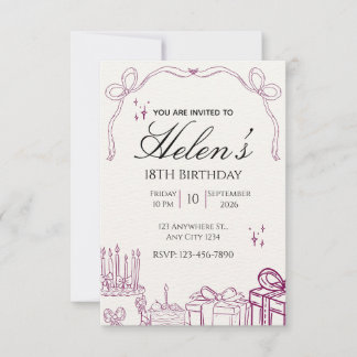 Lila illustrerad 18-årsdag inbjudningar