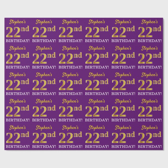 Lila, Imitation Guld Se "22:a BIRTHDAY" Presentpapper (Platt)