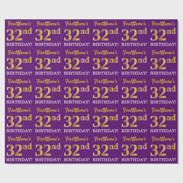 Lila, Imitation Guld Se "32:a BIRTHDAY" Presentpapper (Platt)