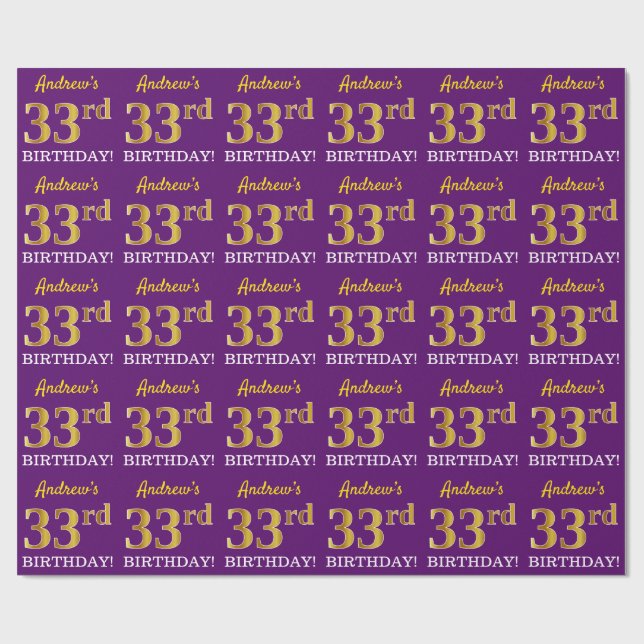 Lila, Imitation Guld Se "33:e BIRTHDAY" Presentpapper (Platt)