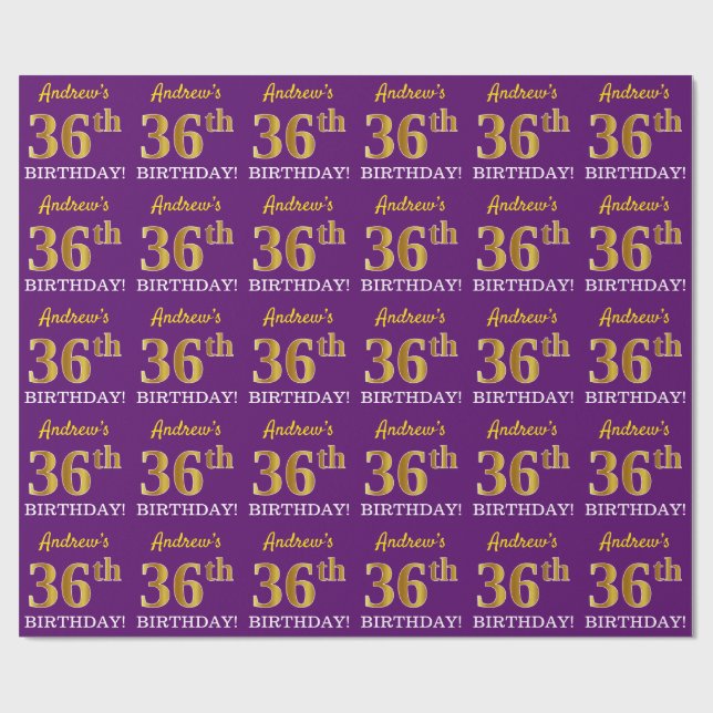 Lila, Imitation Guld Se "36:e BIRTHDAY" Presentpapper (Platt)
