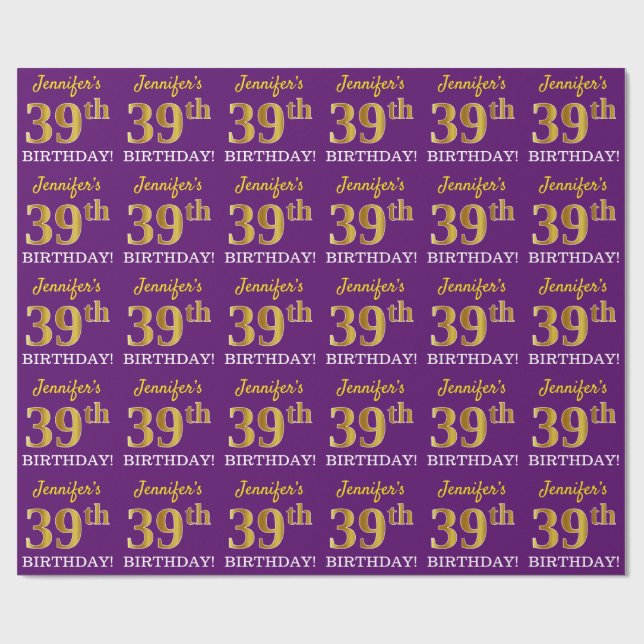 Lila, Imitation Guld Se "39:e BIRTHDAY" Presentpapper (Platt)