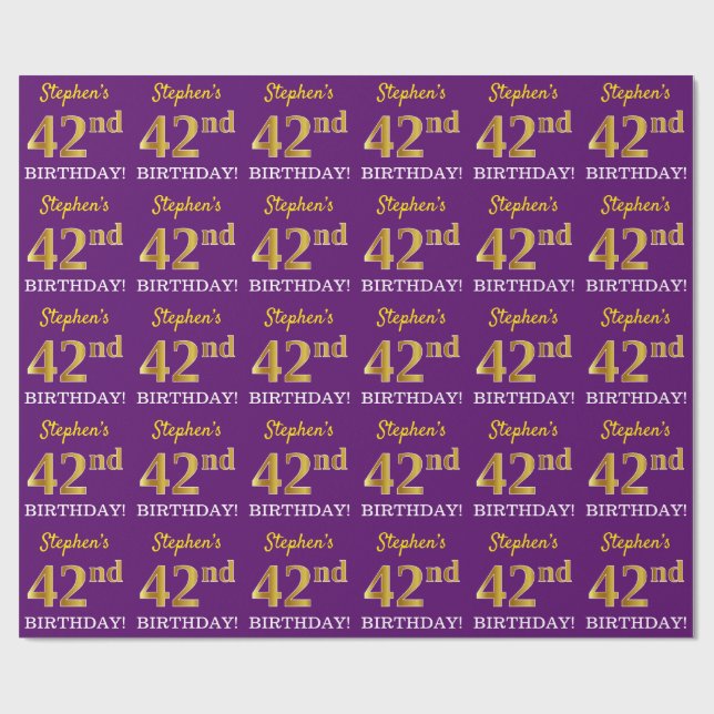 Lila, Imitation Guld Se "42:a BIRTHDAY" Presentpapper (Platt)