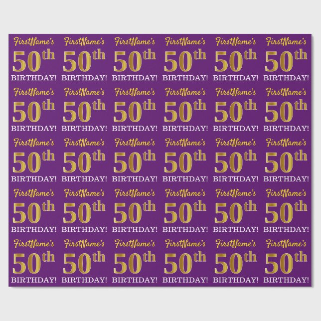Lila, Imitation Guld Se "50:e BIRTHDAY" Presentpapper (Platt)