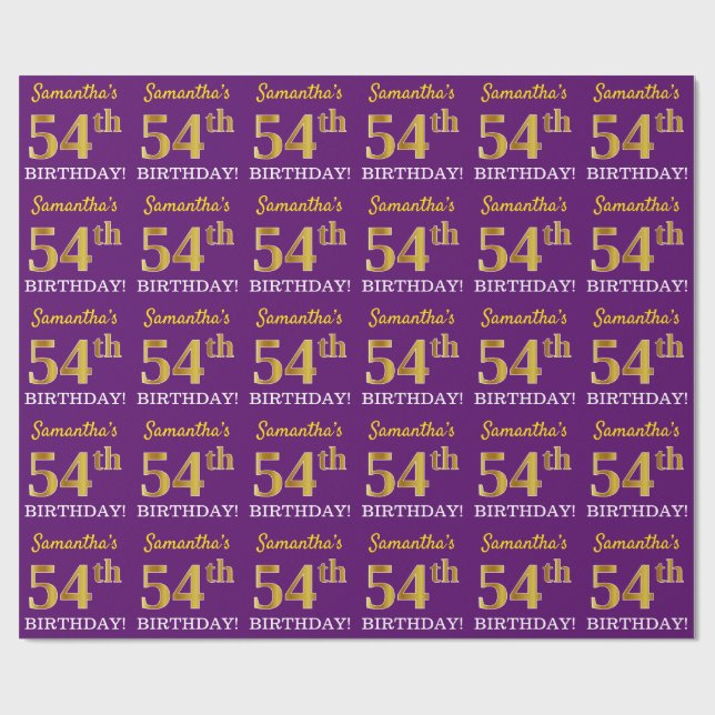Lila, Imitation Guld Se "54:e BIRTHDAY" Presentpapper (Platt)