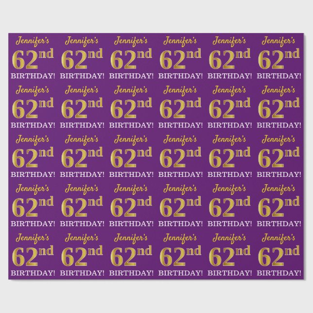 Lila, Imitation Guld Se "62:a BIRTHDAY" Presentpapper (Platt)